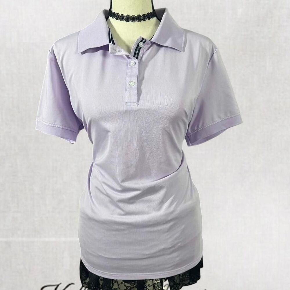 Coquette Activewear Lavender Purple Polo Shirt With Black Trim Collar